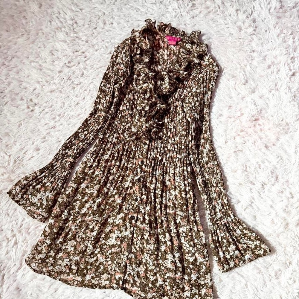 Pleated Ruffle Cottage Core Retro Whimsical Earthy Dress Bell Sleeve Womens S